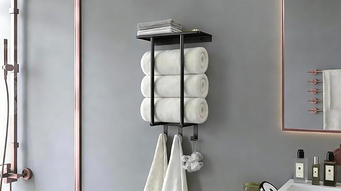 Towel Racks for Bathroom, Bathroom Towel Rack Wall Mounted with Metal Shelf and 3 Hooks for Small Bathroom, Black