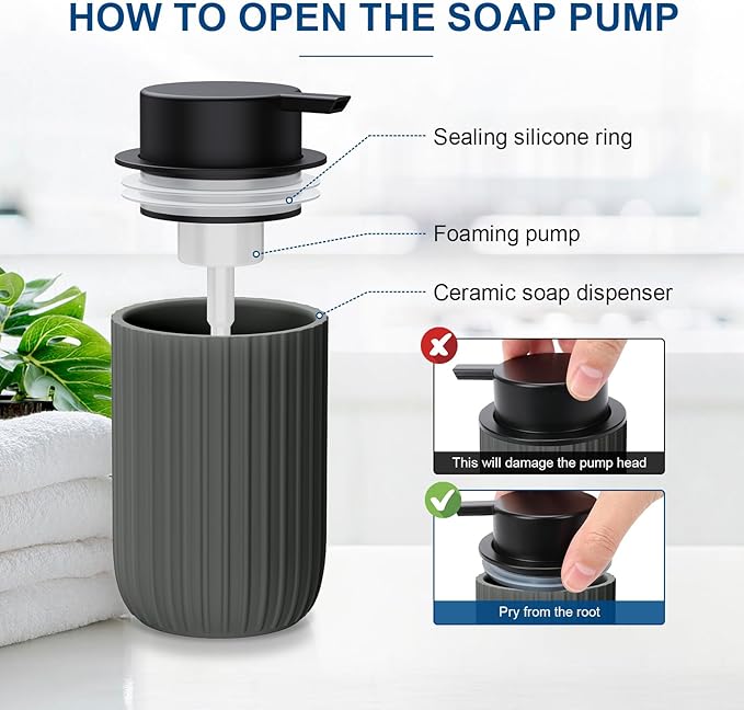 Ceramic Foaming Soap Dispenser, 12 oz Bathroom Foam Hand Soap Dispenser, Refillable Lotion Soap Dispenser with Removable Pump for Kitchen Hand Wash Dispenser, Modern Home Decor(Matte Grey)