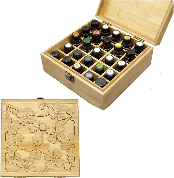 Pure Vie Bamboo Essential Oil Storage Box Travel Organizer Case with Bottle Cap Label - Aromatherapy Nail Polish Fragrance Container, Holds 25 Bottle for 5-15ml - Keep Scented Oil Safe & Space Saver