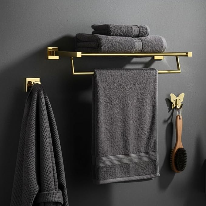 Roshan Handcrafted and Hand Polished Multi Purpose Towel Rack, Rust Proof and Peel Resistant Towel Shelf, Includes 2 Handmade Hooks (Polished Gold)