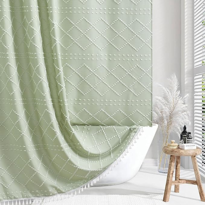 Boho Green Shower Curtain Woven Fabric Cute Shower Curtain with Tassel, 72 x 72 Tufted Chevron Textured Striped Modern Farmhouse Minimalist Cloth Shower Curtain for Bathroom