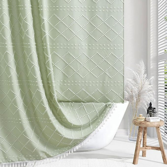 Boho Green Shower Curtain Woven Fabric Cute Shower Curtain with Tassel, 72 x 72 Tufted Chevron Textured Striped Modern Farmhouse Minimalist Cloth Shower Curtain for Bathroom