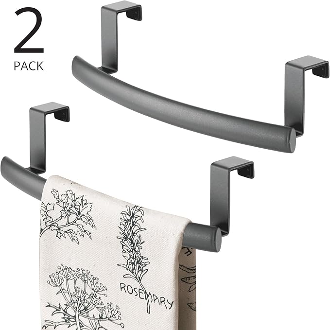 mDesign Steel Over Door Curved Towel Bar Storage, Hanger for Cabinet or Cupboard, Holder Rack for Kitchen, Bathroom - Holds Hand/Dish Towels, Washcloths - Spira Collection - 2 Pack - Graphite Gray