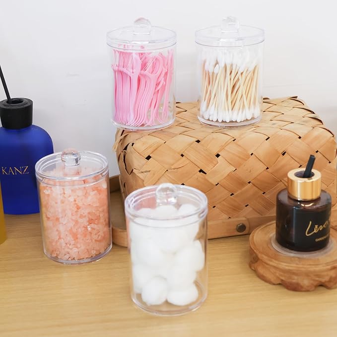 4 Pack Acrylic Qtip Holder Dispenser,Canisters Apothecary Jar Set, Vanity Makeup Bathroom Organizers and Storage Set, 10 and 12 oz