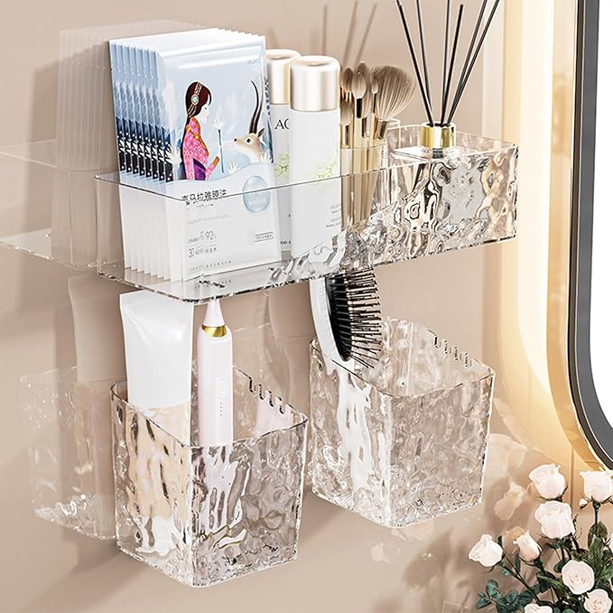 Lae Nuvole Wall Mounted Bathroom Caddy Organizer, Adhesive Shower Shelf for Inside Shower Caddy Plastic Bathroom Organizers and Storage for Wall, Makeup, Bath, Home Decor, No Drilling (Clear)