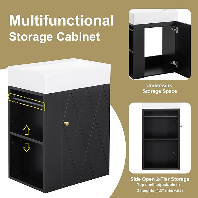 Virubi 20" Floating Bathroom Vanity with Sink, Soft Closing Door,and Storage Shelves, Solid Wood Frame & MDF Modern Single Small Bathroom Vanity Cabinet with Open Shelf,Wall Mounted Black
