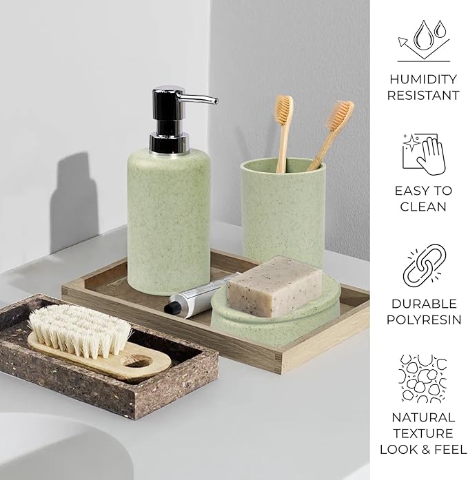 CERBIOR Bathroom Accessories Set 6 Piece Wheat Straw Bath Ensemble Includes Soap Dispenser, Toothbrush Holder, Toothbrush Cup, Soap Dish for Decorative Countertop and Housewarming Gift (Green)