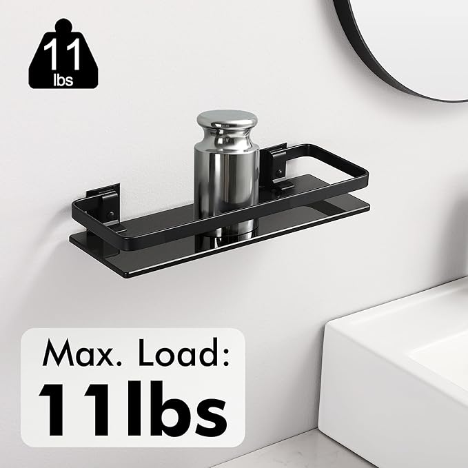 KES Aluminum Glass Bathroom Shelf, Black Extra Thick Tempered Glass Rectangular, 1 Tier Floating Shelf Wall Mounted, BGS4126A-BK