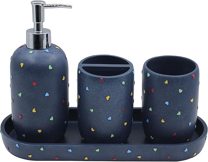 YMXYJM - Bathroom Accessories Sets 4-Piece, Premium Pastel Heart Bathroom Accessory Complete Set - Toothbrush Holder, Lotion Soap Dispenser, Vanity Tray, Bathroom Tumbler for Countertop Vanity, Blue