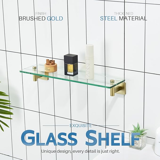 KOKOSIRI 20-Inch Bathroom Shelves Glass Floating Shelf Toilet Roll Holder Toilet Paper Holder Stainless Steel Brushed Gold B1105BG-L20+B2008BG