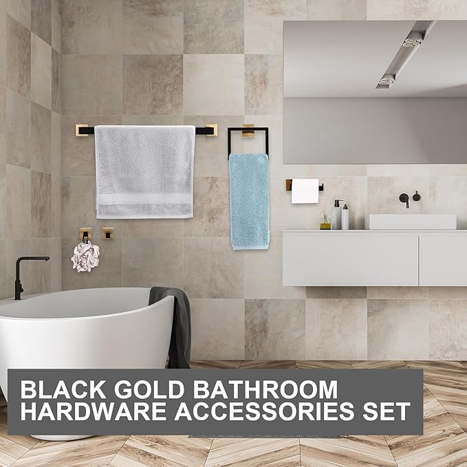 Gisafai 25 Pcs Black Gold Bathroom Hardware Accessories Set 23.6 Inch Bath Towel Bar Kit Stainless Steel Bathroom Hardware Set Towel Racks Ring Robe Hooks Paper Holder for Wall Mounted