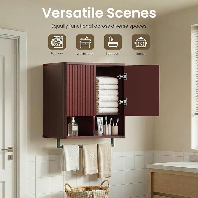 Bathroom Wall Storage Cabinet, Over The Toilet Medicine Cabinet, Hidden Storage & Open Shelves, Small 2-Door Multi-Functional Bathroom Organizer with Towel Bar for Bathroom & Kitchen