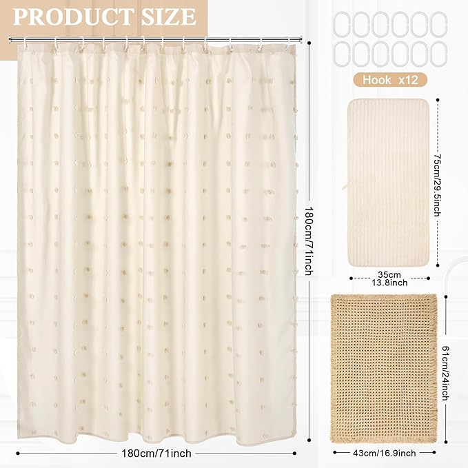 HunnmingRe 3 Pcs Boho Farmhouse Bathroom Shower Curtain Set with Waffle Bath Mat and Towel Cream Waterproof neutral shower curtain Non Slip with 12 Hooks for Bathroom and Hotel Tub Decor 70.87 x 70.87