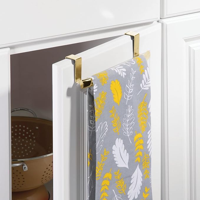 mDesign Steel Over Door Curved Towel Bar Storage, Hanger for Cabinet or Cupboard, Holder Rack for Kitchen, Bathroom - Holds Hand/Dish Towels, Washcloths - Spira Collection - Soft Brass