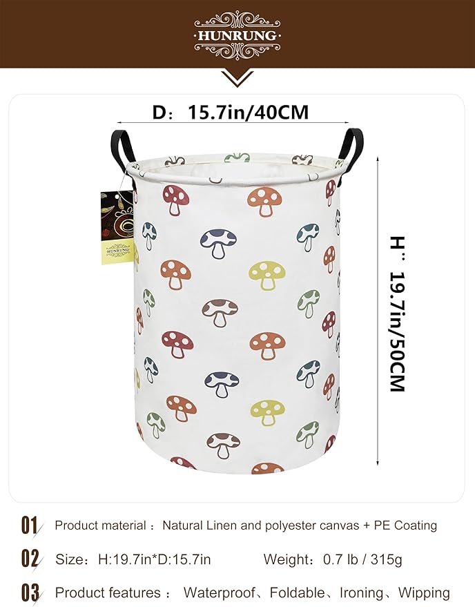 HUNRUNG Laundry Hamper,Large Canvas Fabric Lightweight Storage Basket Toy Organizer Dirty Clothes Collapsible Waterproof for College Dorms(Round-Color Mushroom)