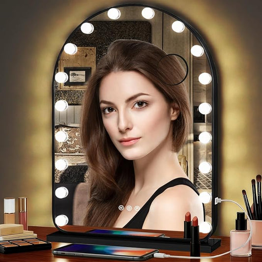 32 x 24 Inch Hollywood Black Arch Vanity Mirror with Lights 3 Color Dimmable Black Arched Lighted Vanity Mirror for TableTop Wall Detachable Base X10 Magnifying Arch Makeup Mirror with Lights