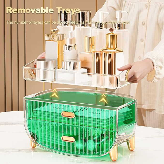 Ergocar Portable Transparent PET Series Multi-Function Make Up Case Dustproof Cosmetic Storage Box, Cosmetics Skin Care Products Jewelry Organizer Case Lipstick Box - Green Two Layers