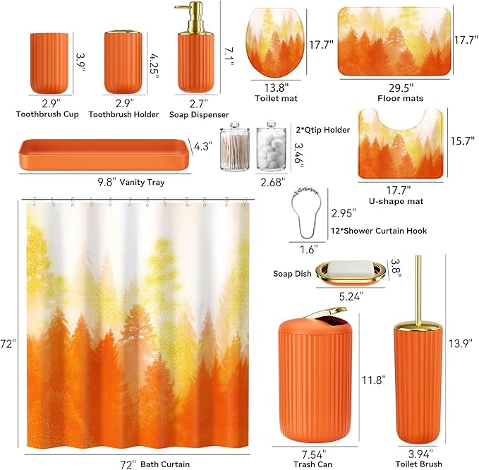 Orange and Gold Bathroom Accessories, Bathroom Sets with Shower Curtain and Rugs, Bath Rugs Accessory Set with Bathroom Trash Can, Soap Dispenser, Soap Dish for Home Decor