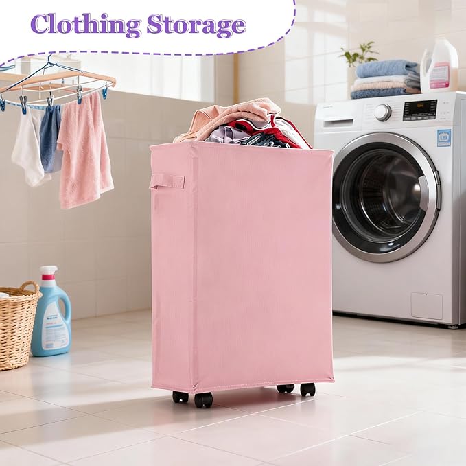 42L Slim Laundry Basket with Wheels, Rolling Laundry Hamper for Small Spaces, Collapsible 600D Oxford Dirty Clothes Basket with Brake & Handle, Narrow Laundry Basket for Dorm, Bathroom, Pink
