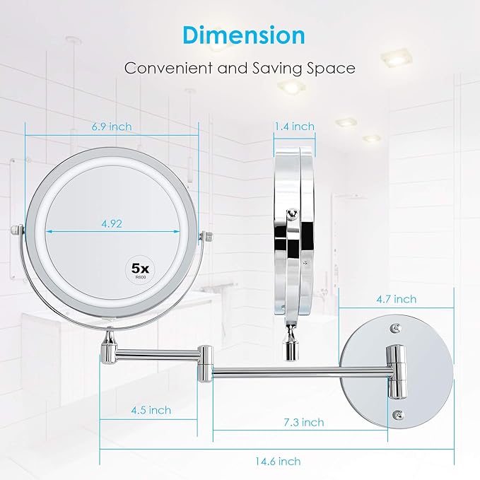 alvorog Wall Mounted Makeup Mirror LED Lighted Double Sided 5X Magnification 360° Swivel Extendable Cosmetic Vanity Mirror for Bathroom Hotels, Powered by Batteries (Not Included)-7 inches