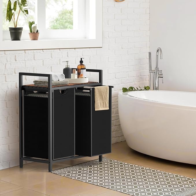 Sonharlar Laundry Hamper, Laundry Sorter with 2 Pull-Out Removable Oxford Fabric Bags Cloth Laundry Basket 2 x 10 Gallons (Black and Rustic Brown)