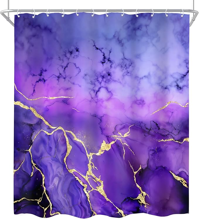 Cinbloo 4Pcs Dark Purple Marble Shower Curtain Set, Abstract Lilac Gold Cracked Lines Modern Simple Bathroom Curtain with Rug, Toilet Lid Cover, Bath Mat, Luxury Aesthetic Shower Curtain with 12 Hooks