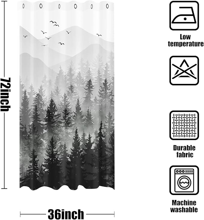 Stall Small Black and White Misty Forest Shower Curtain Ombre Gray Grey Mountain Pine Tree Waterproof Fabric Shower Curtains for Bathroom Nature Woodland Decorative Bath Curtain Decor 36×72 Inches