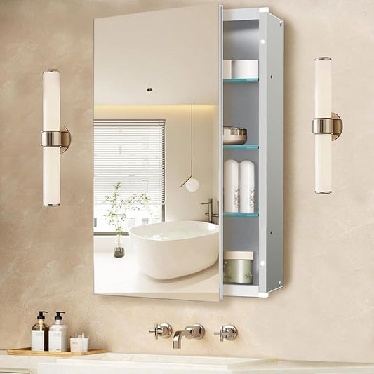 16"x26" Aluminum Medicine Cabinet, Bathroom Cabinet with Mirror,Firm and Durable, Waterproof and Rust-Proof, Recessed or Surface Mount,Assembly Required