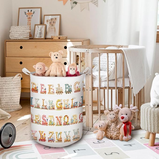 Kids Nursery Laundry Basket, Toybox for Girls Boys, Alphabets Trains Transportation Laundry Basket Hamper Waterproof Collapsible Storage Bin Organizer for Bedroom Bathroom Kids Room Clothes Toys