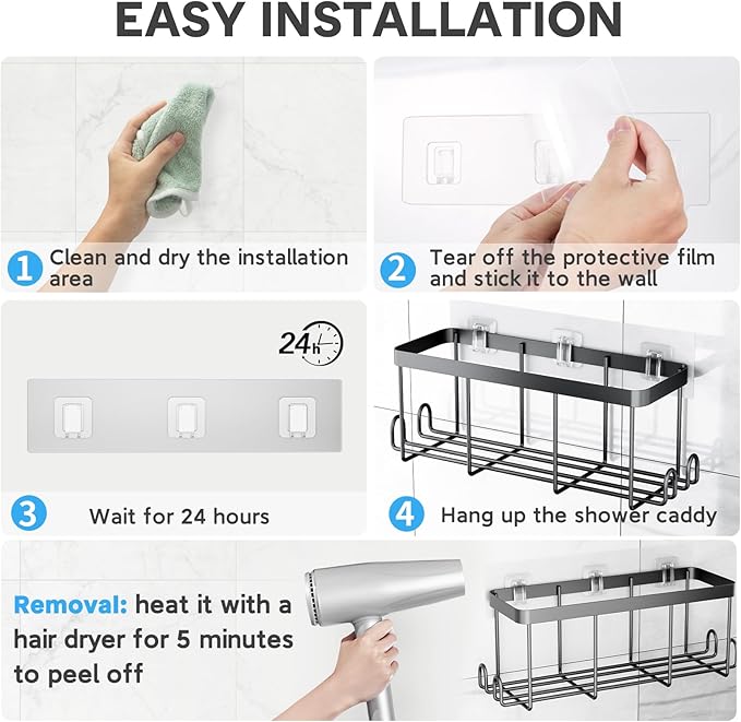 Shower Caddy Adhesive Replacement Flat, Transparent Strong Adhesive Hooks, No Drilling, Waterproof, for Shower Caddy, Bathroom Storage Shelves and Kitchen Racks (Double*8pcs + Single*4pcs)