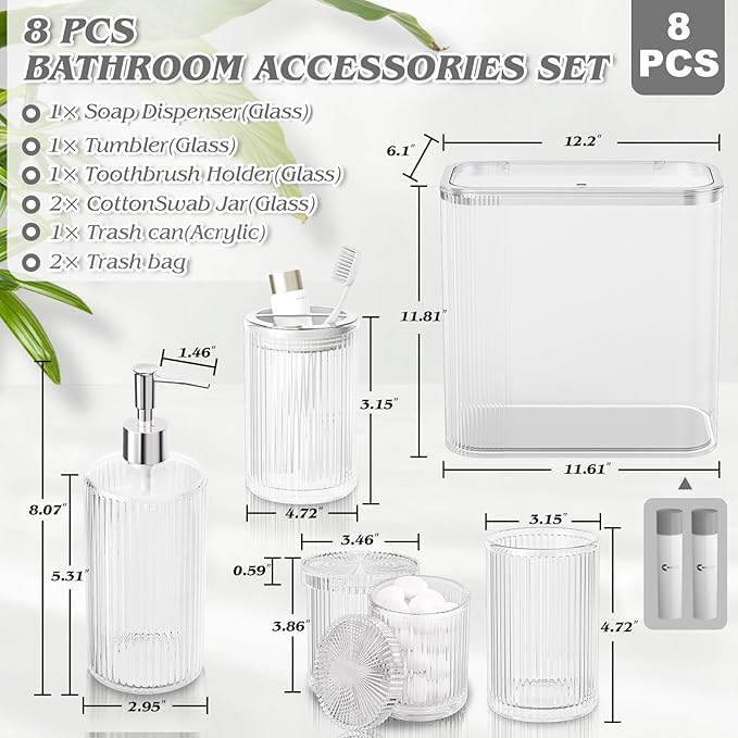 Clear Bathroom Accessories Set 8 Pcs, Trash Can with Bags, Glass Bathroom Set Include Soap Dispenser, Toothbrush Holder, Tumbler, Qtip Holder Set, Vintage Bathroom Sink Set, Cute Bathroom Decor