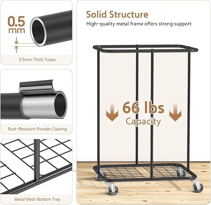 150L Large Laundry Basket with Wheels, Rolling Laundry Hamper with Removable Laundry Bag & Metal Frame, Oxford Fabric Dirty Clothes Hampers for Bedroom, Laundry Room, Bathroom, Dorm(Black)