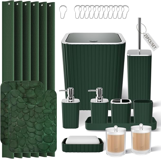 XLHOMO Bathroom Set- 25PC Green Bathroom Sets, Bathroom Set with Shower Curtain and Rugs, Dark Green Shower Curtain Set, Bathroom Accessories Set, Bathroom Trash Can