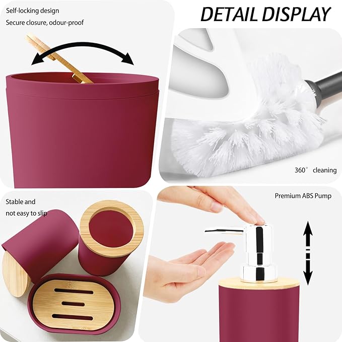 Lnond Red Bathroom Set, Red Abstract Cubes Bathroom Accessories Sets Complete, Luxury Restroom Set with Shower Curtain and Rugs, Trash Can, Toilet Brush Holder Set & Soap Dispenser