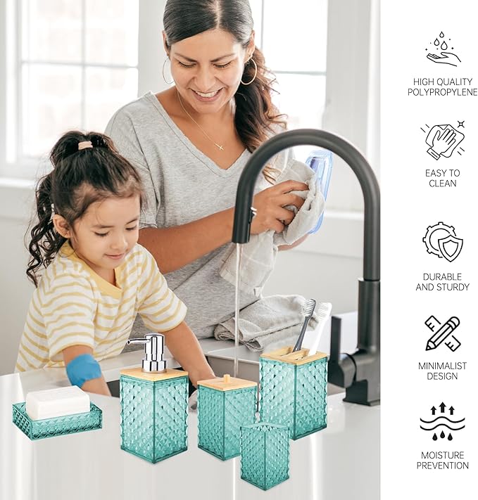 Bathroom Accessory Set, Grid Pattern 5 Pcs Plastic Bathroom Set Include Qtip Holder Dispenser, Soap Dispenser, Soap Dish, Toothbrush Holder, Mousewash Cup, Modern Bathroom Décor Set(Teal)