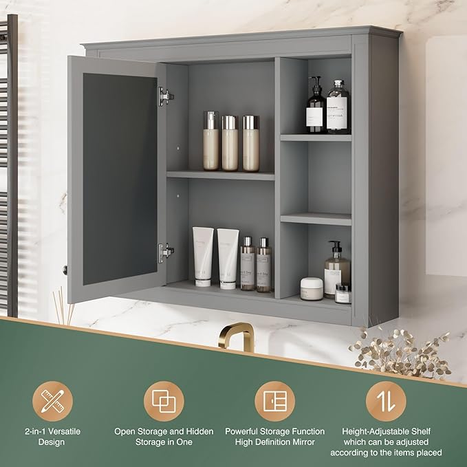 Merax 35''L Bathroom Medicine Storage Cabinet with Mirror Doors, Modern Wall Mount Toilet Organizers with 6 Open Shelves, Grey