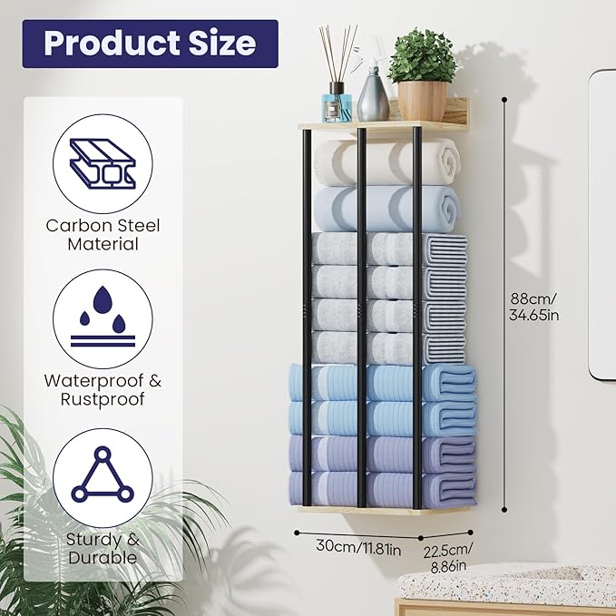 34 Inch Bathroom Towel Rack with Shelf – Modern Towel Holder for Bathroom Wall Mounted, Holds 6 Large Bath Towels, Rolled Towel Organizer for Bathroom, Laundry Room, and Small Space Storage