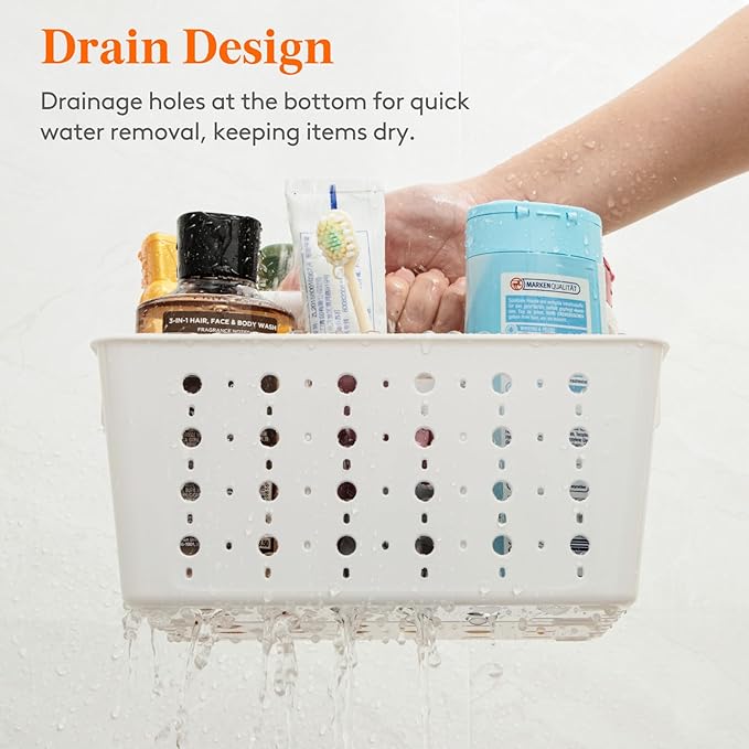 Lifewit Shower Caddy Portable, Plastic Bathroom Organizer with Handle and Holes, Hard Cleaning Basket for Toiletry Storage, College Dorm Essentials, White, 2 Packs