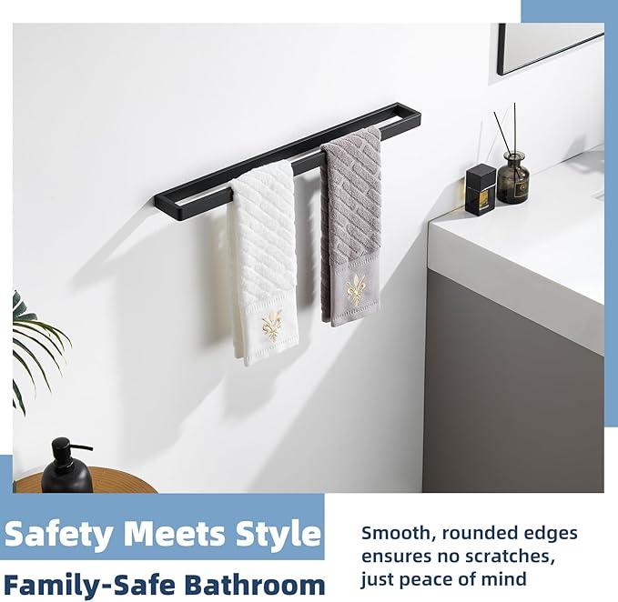 APLusee Matte Black Towel Bar Wall Mounted, Heavy Duty 304 Stainless Steel Towel Rack for Bathroom Wall, Modern Bathroom Towel Holder, 22.8 Inch Length