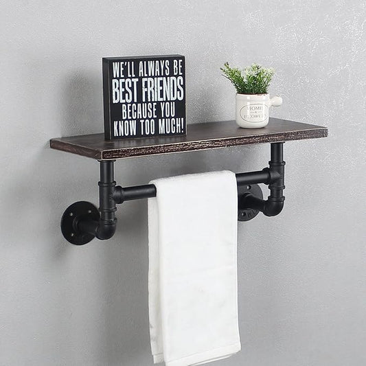 Industrial Pipe Shelf Bathroom Shelves Wall Mounted,19.6in Rustic Wood Shelf with Towel Bar,1 Tier Farmhouse Towel Rack Over Toilet,Pipe Shelving Floating Shelves Towel Holder,Retro Black
