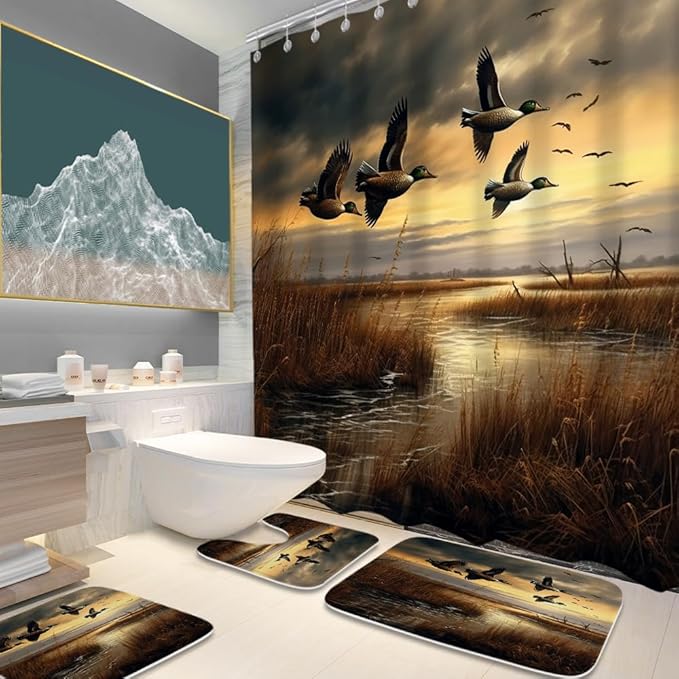Rustic Wild Ducks Flying Hunting Ocean Bathroom Sets with Shower Curtain and 20 x 31 Rugs Bathroom Accessories Sets Decor with Bath Rug, Bath Mat, U-Shaped Contour and Hooks 72 x 72 Inch Brown Teal