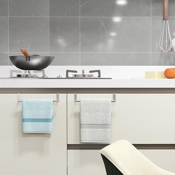 STWWO Over The Door Towel Rack, Kitchen Towel Holder Over Cabinet Door Towel Bar Stainless Steel for Cupboard for Kitchen Dish Towel Holder Hanger, 2 Pack (Brushed Nickel)