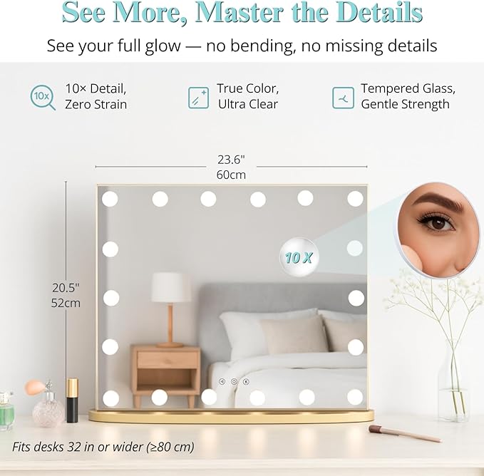 LUXFURNI Hollywood Glamour Vanity Mirror with 4 Extra Bottom Bulbs | Shadow-Free, Perfect Makeup View | Desk & Wall Mountable | 3 Color Modes for Office, Outdoor, Party Looks | USB Charging