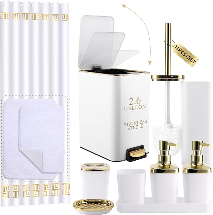 XLHOMO 11PCS Bathroom Sets with Shower Curtain and Rugs Bathroom Accessories Set White Bathroom Set,Soap Dispenser & Toilet Brush Holder Set with Stainless Steel Trash Can
