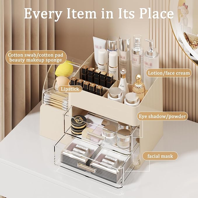 Makeup Organizer with Large Capacity,Stain-ResistantRotating Clear Compartment and 2 Drawers for Cosmetics and Skincare Storage – Vanity Countertop Organizer for Bathroom and Bedroom (All Cream)