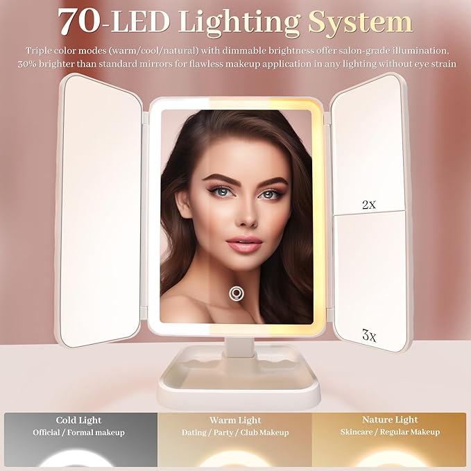 LED Tri-Fold Vanity Mirror with Lights, Touch Screen and 3X/2X/1X Magnification with 3 Color & Adjustable Brightness, Portable Rechargeable Makeup Mirror Pro with Lights Dollar for Desk Dorm Travel