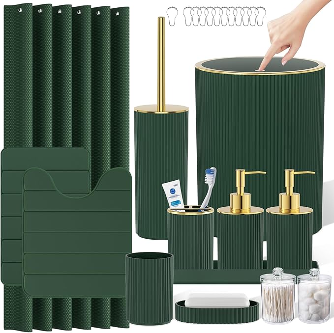 Dark Green Bathroom Accessories Set - Bathroom Sets, 25PC Bath Accessory Set, Bathroom Sets with Push Top Trash Can, Shower Curtain and Rugs, Toilet Brush, Trash Can & Soap Dispenser