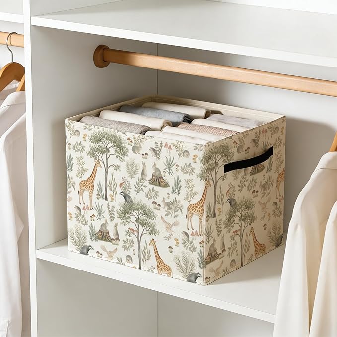 Forest Animal Nursery Storage Bin Box with Handles, Cottagecore Botanical Animal Foldable Baskets Organizer for Kids Room Nursery Bathroom Clothes Toys Books, Toybox for Boys Girls