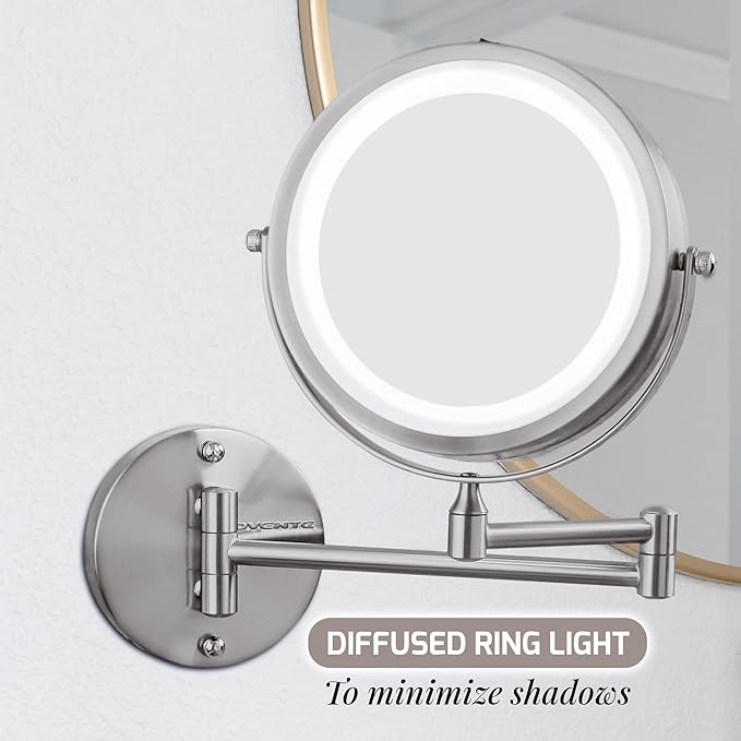 OVENTE Wall Mounted Lighted Makeup Mirror, 7" Double Sided 1X/10X Magnifying Vanity Mirror for Bathroom with LED Lights, Cordless, 360° Rotation and 13" Extendable Arm, Nickel Brushed MFW70BR1X10X