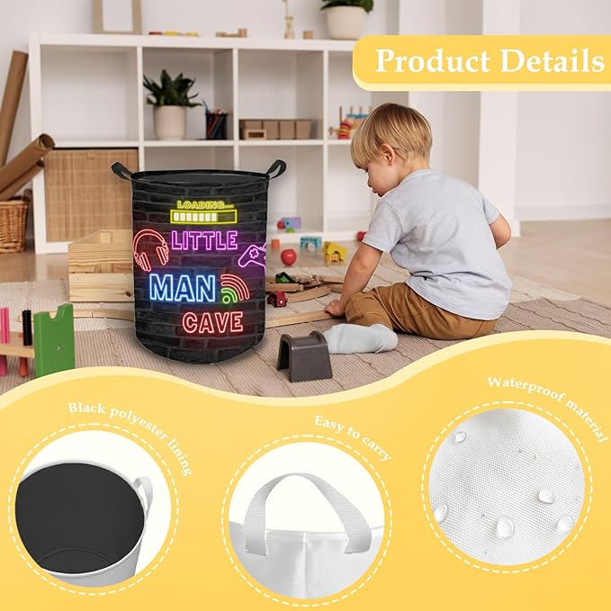 Little Man Cave Gamer Boy Laundry Basket, Gaming Decor for Boys Bedroom, Neon Gaming Laundry Basket Hamper Waterproof Collapsible Clothes Toybox Storage Bin Organizer for Kids Boys Room Nursery